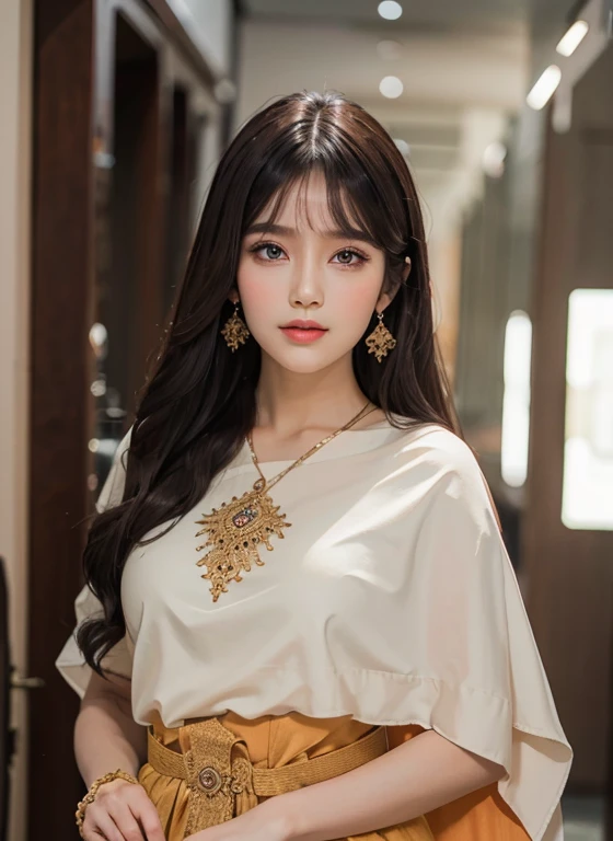 1 woman, Big dark brown eyes with gleaming transparency.、Ancient red Thai dress (ceiling:1.1) ,Bangs that extend to the front of the face、Completely beautiful girl at the age of 18 years、White skin, beautiful, glowing, youthful、Sexy and very good looking.、The face is very cute with perfect beauty.、very long black hair、My hair is long, straight and very sleek.、Double eyelids、eye line、big breasts