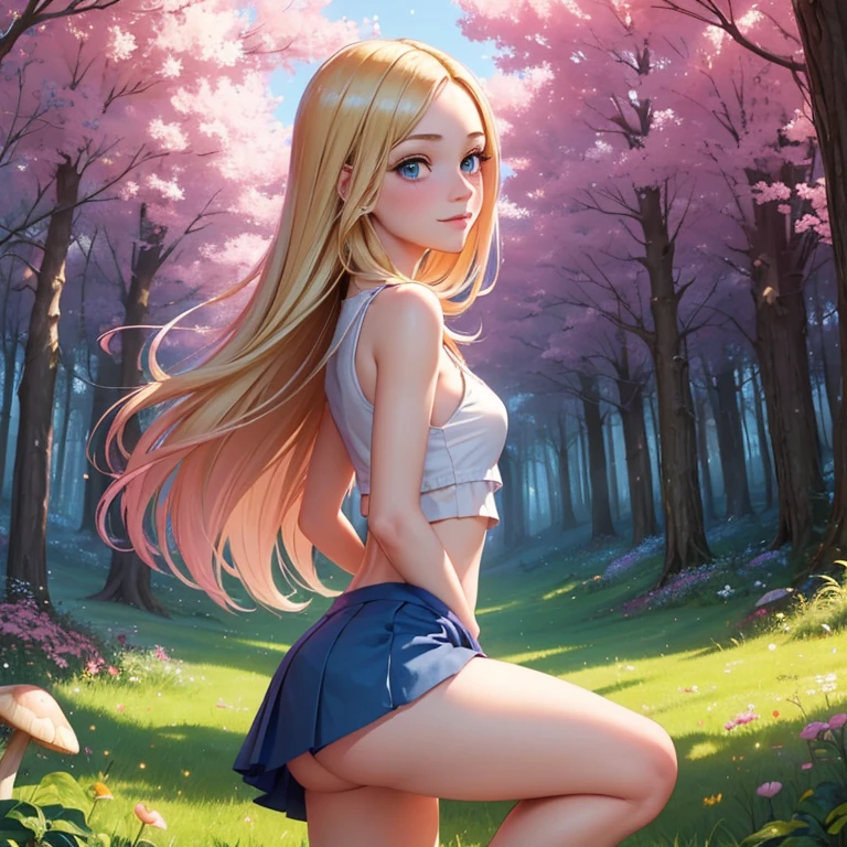 (masterpiece, best quality:1.4), (8K), Young blonde beauty, (((18 years old, neat girl))), detailed blue eyes, long eyelashes, blush, kind smile, upper body, crop top, small ass, slender thin legs, pink skirt, (from side), (looking at viewer), beautiful blonde hair, white-skinned, long hair, parted bangs, (small breasts), (mushroom forest, celestial forest, beautiful and magnificent pink sunshine, majestic sky), colorful natural light)