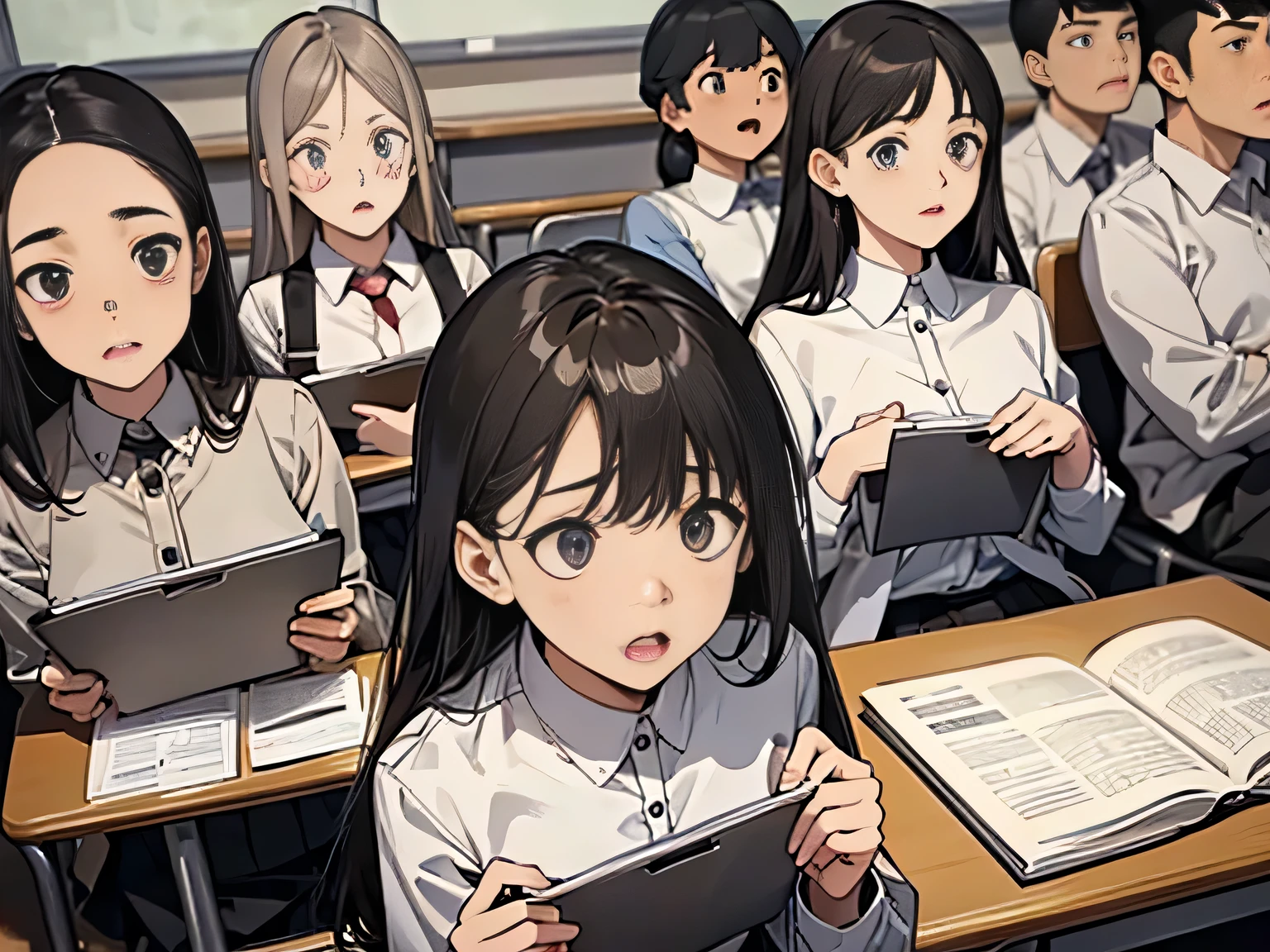A group of students sitting and studying in the classroom,(Group of 2:1.6),(Huge crowds of people),(Shocked expression:1.5),(The background is the school's classroom No. 1:1.5),Anime style,4K,animation rendering,Anime style,8k,Handsome anime side face,(Upper body display:1.8),(Movie Lighting:1.5),(Masterpiece:1.4),(Ultra-high detail:1.5),(Best quality:1.5), There are students of different grades present, But there are exceptions,(A student in a black T-shirt turns and leaves the classroom)