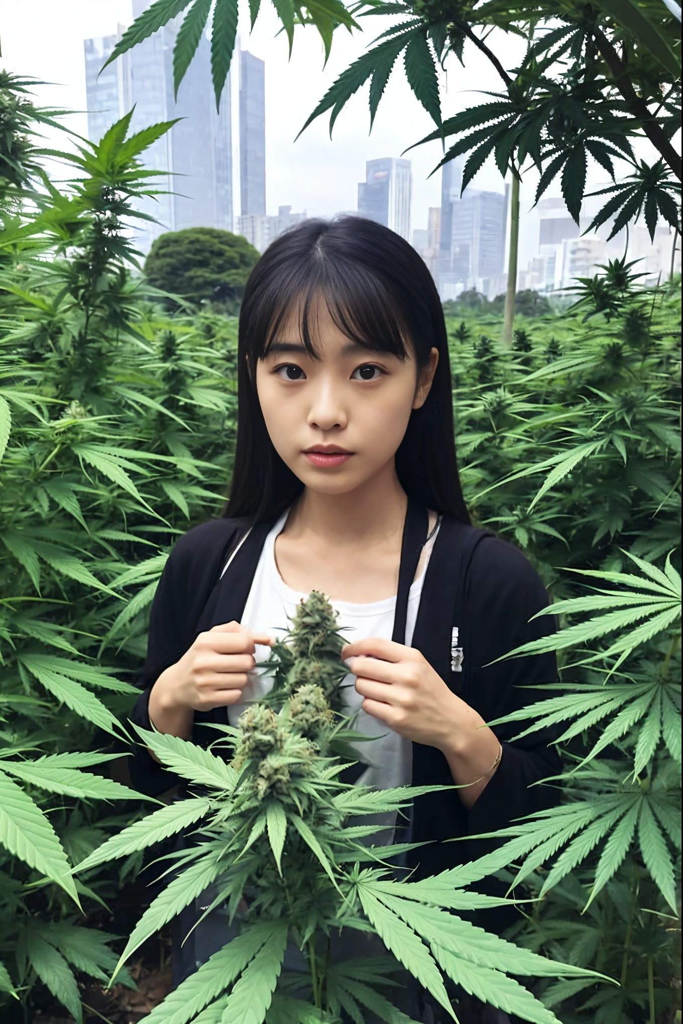 marijuana、Marijuana、Buds、日本人の10代の少女がmarijuanaを吸う、テーブルにたくさんのmarijuana