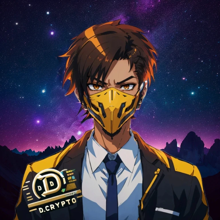 arafed image of a man in a suit and tie with a yellow mask, digital cyberpunk anime!!, cryptopunk, cryptopunk with pit vipers, modern cyberpunk anime, digital cyberpunk anime art, digital cyberpunk - anime art, official fanart, anime cover, trigger anime artstyle, epic anime style, cyber universe style, satoshi, anime style character, avatar image