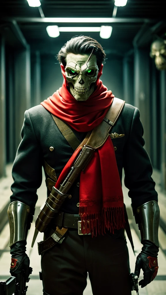 cinematic film with living symbiosis costume, red cape, mask, green eyes, glowing eyes, creature, Spawns a man with a gun and a skull on his back, solo, gloves, 1 boy, holding, weapon, male focus, scarf, holding guns, weapons, masks, chains, holding guns, rifles, boots, smoking, skulls, red scarves, assault rifles, dust, shallow depth of field, vignette, highly detailed, high budget, bokeh, cinemascope, moody, epic, beautiful, film grain, grainy ultra high quality 8k very real.