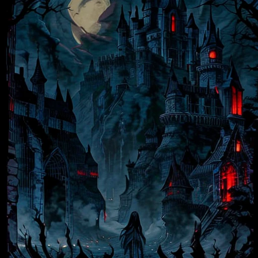 Dark fantasy, castle, grand castle, ((dark fantasy)), smoke background, flamme, couleur sombre, river, tornade, Good quality, detailed, horror decor, castle fantastique 