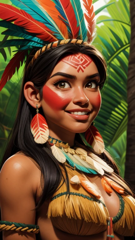 Arte em quadrinhos, pintura digital. A beautiful indigenous girl in native with feathers and feathers on her head, rosto lindo, shy smile,Amazonian indigenous peoples in Brazil, linda jovem feminina brasileira nativa, pintar o rosto, corpo quente, Yanomami Indian in typical costumes,alta qualidade. Amazon rainforest and river bottom. cores vivas, cinematic lighting. detalhado, intricado, detalhado face.