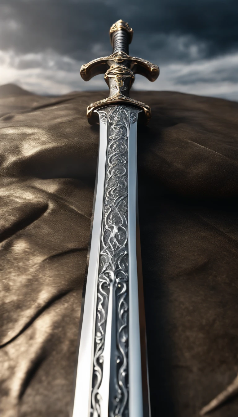 (Outstanding、Professional、Surreal)、Detailed white silver long sword, Wind and fire effect detailed, Metallic magical texture, Lying on the ground, weapon. 