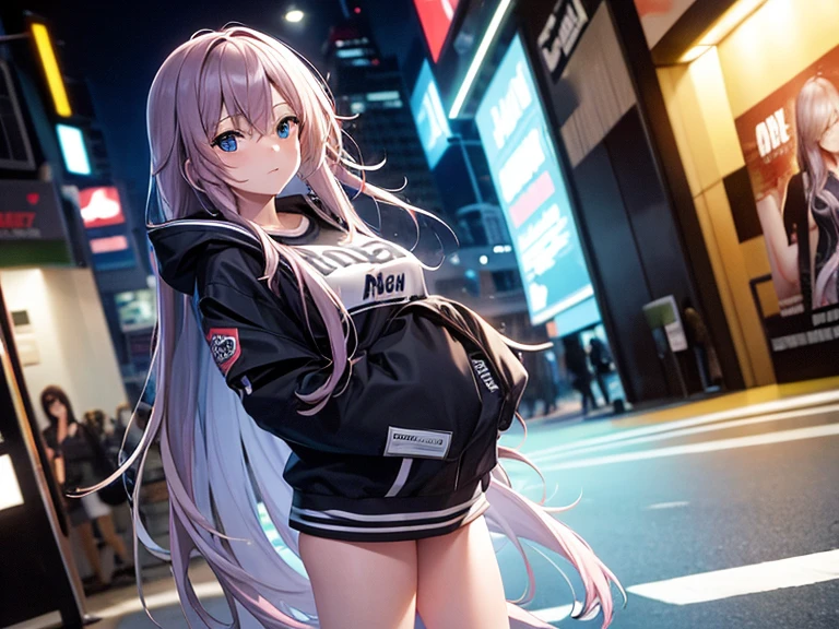 masterpiece, best quality, 1girl, solo, blush, long hair, hair between eyes, ((streetwear clothes)), city, outdoors, night, movie poster, extremely detailed 8K, smooth, high resolution, ultra quality, cinematic lighting, ambient occlusion, hd, 2k, 4k, 8k, 16k, extremely detailed anime, detailed faces, perfect composition, wide shot, atmospheric lighting, very sexy, random angle, uncensored, sin censura