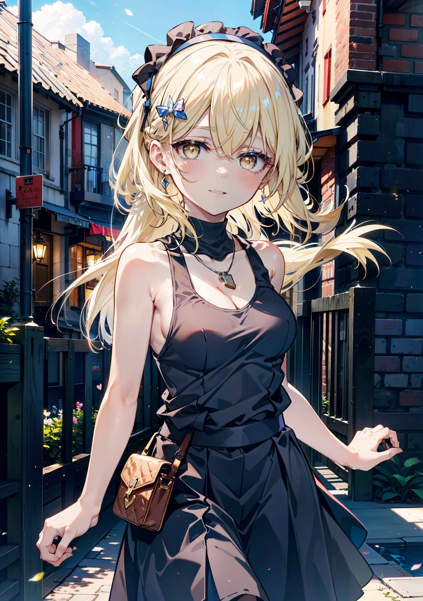 アイスWallenstein, Wallenstein, blonde, Hair between the eyes, hair band, Long Hair, (Yellow Eyes:1.5),happy smile, smile, Close your mouth,smile,blush,Long vest,Tank top shirt,Heart Pendant,Long skirt,Cute Sandals,Clear skies,歩いてるbreak looking at viewer,(Cowboy Shot:1. 5) break outdoors,Building district,In town, break (masterpiece:1.2), highest quality, High resolution, unity 8k wallpaper, (shape:0.8), (Beautiful and beautiful eyes:1.6), Highly detailed face, Perfect lighting, Highly detailed CG, (Perfect hands, Perfect Anatomy),