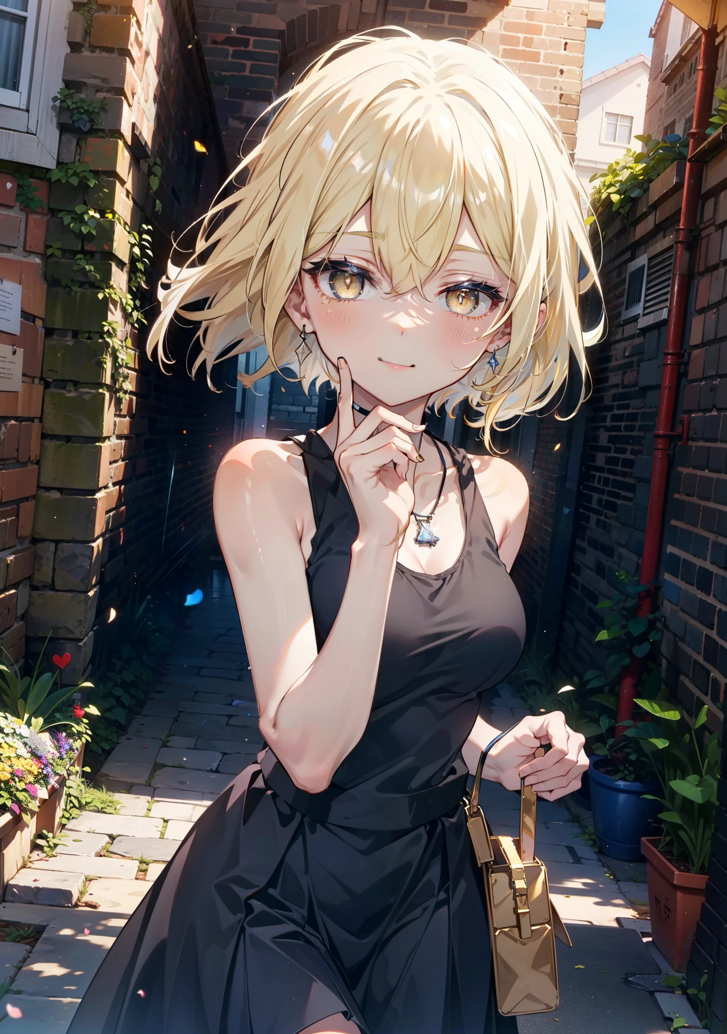 アイスWallenstein, Wallenstein, blonde, Hair between the eyes, hair band, Long Hair, (Yellow Eyes:1.5),happy smile, smile, Close your mouth,smile,blush,Long vest,Tank top shirt,Heart Pendant,Long skirt,Cute Sandals,Clear skies,歩いてるbreak looking at viewer,(Cowboy Shot:1. 5) break outdoors,Building district,In town, break (masterpiece:1.2), highest quality, High resolution, unity 8k wallpaper, (shape:0.8), (Beautiful and beautiful eyes:1.6), Highly detailed face, Perfect lighting, Highly detailed CG, (Perfect hands, Perfect Anatomy),