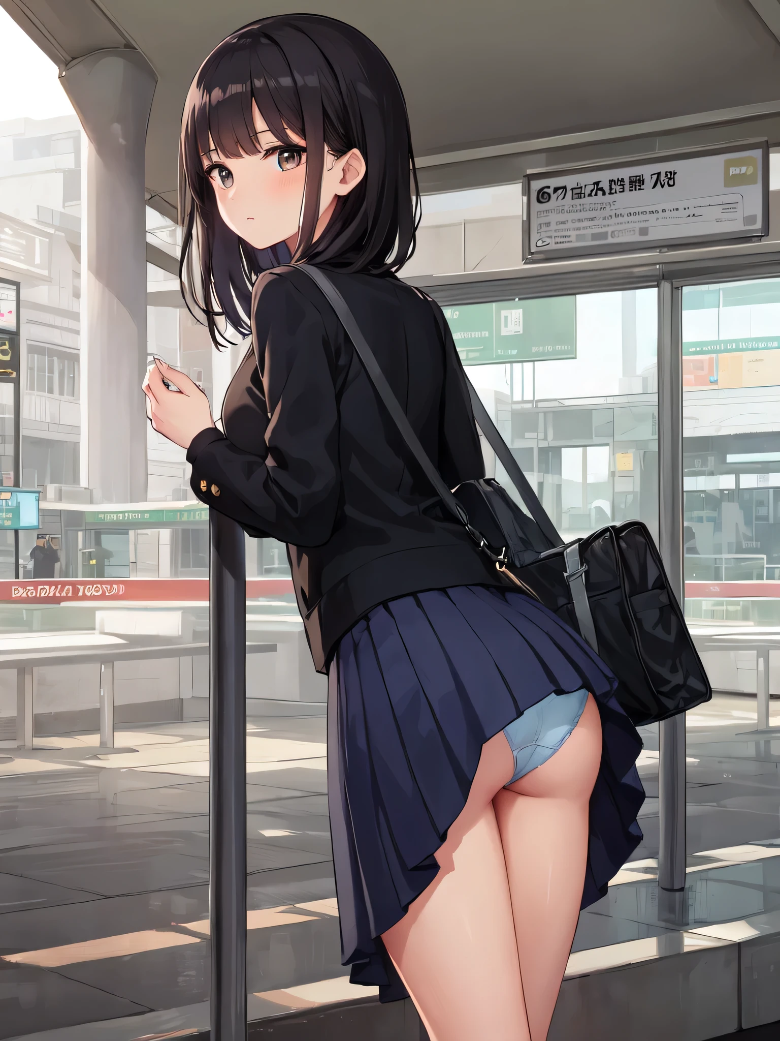  (Best Quality), 1girl in, Standing, By escalator, Looking away, closeup ass, ass forcus, Looking back from the bottom, , White collared shirt, Long sleeves, checked skirt, A dark-haired, School bag, White panties, Lace panties, Background Railway Station, escalators, Large crowds 