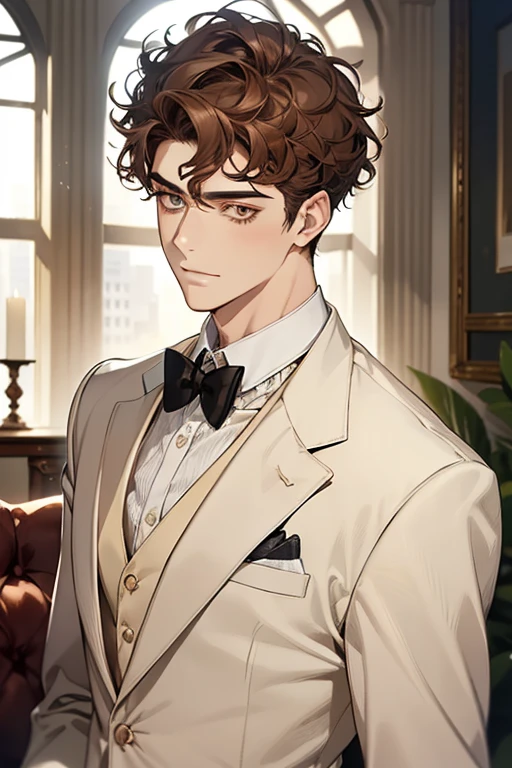 masterpiece, best quality, realistic, 1man, mature male, quiet and charming young man, , adorable, closed mouth, portrait, extremely detailed face, soft smile, ((dark amber eyes)), ((short-sides-swept curly light brown hair)), [thick eyebrows], living-room, ((white suit))