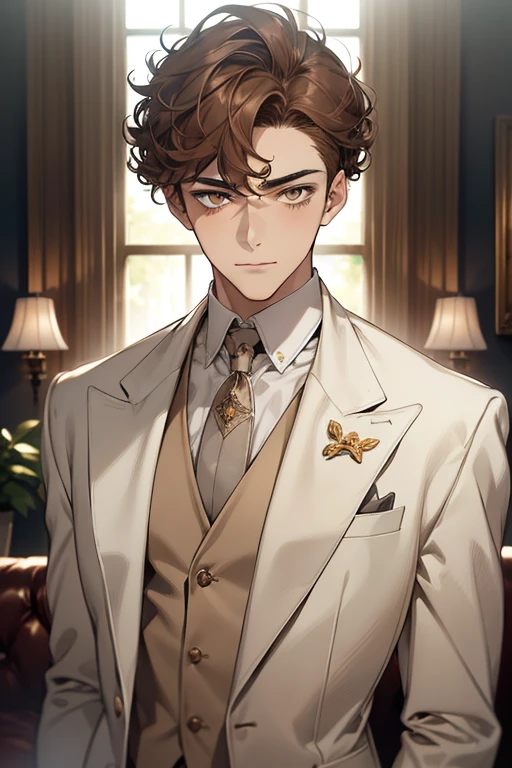 masterpiece, best quality, realistic, 1man, mature male, quiet and charming young man, 16 years old, adorable, closed mouth, portrait, extremely detailed face, soft smile, ((dark amber eyes)), ((short-sides-swept curly light brown hair)), [thick eyebrows], living-room, ((white suit))
