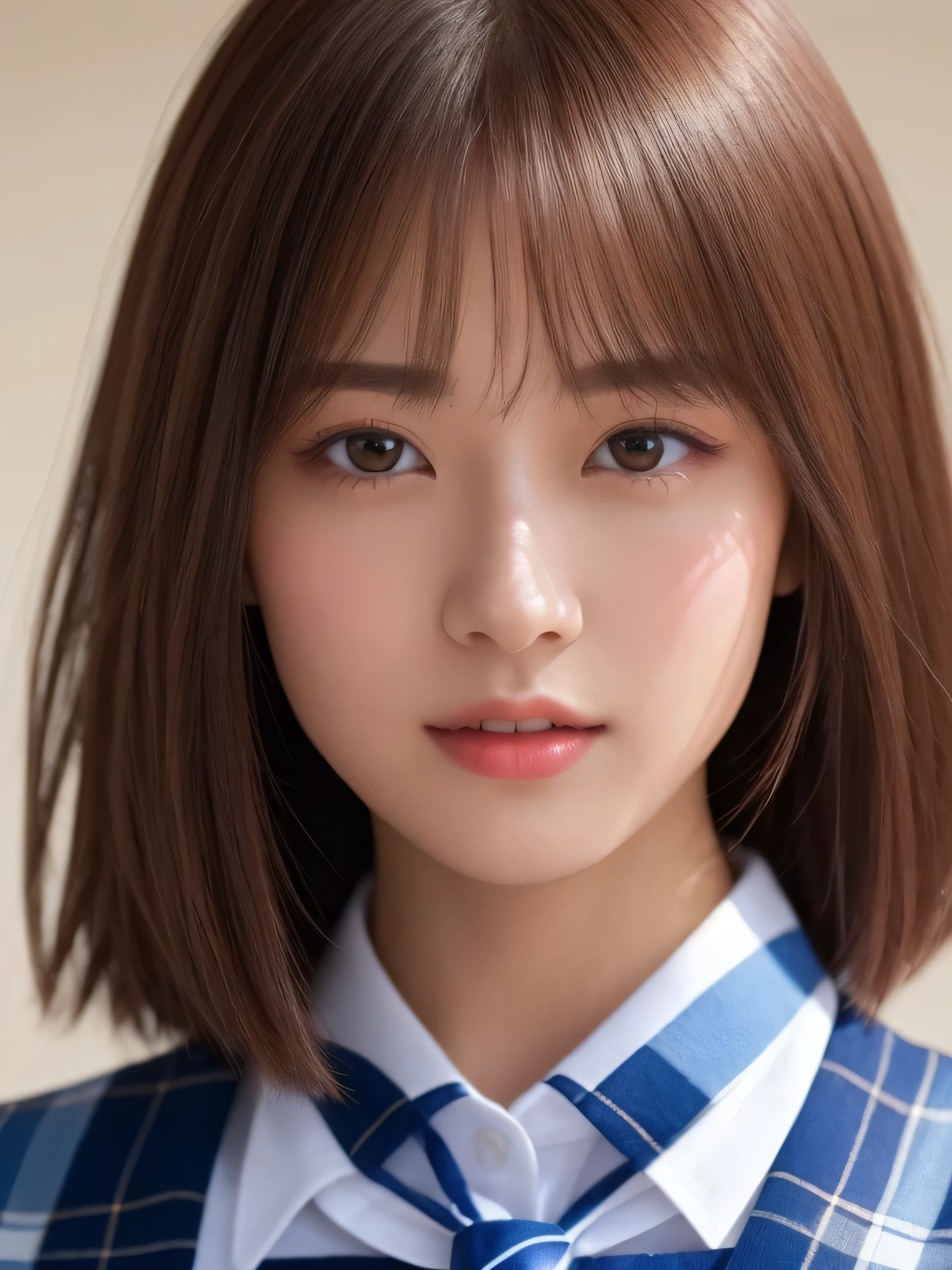 masterpiece、close up of face、front-facing view、a Japanese young pretty woman、(Bouncing cheerfully)、Gorgeous figure、Wearing a short-sleeved white collared shirt and a shiny red satin plain bow tie、Wearing a blue tartan plaid skirt、absolutely pretty face、shiny lip、Double eyelids in both eyes、Natural makeup、 long eyeslashes、shiny smooth light brown hair of medium length,、asymmetrical bangs、skin tanned、Alone in the classroom、、Headframe、image in center、8K resolution、high detal、detailed hairstyle、A detailed face、spectacular movie lighting、octane renderings、with a vibrant、Ultra-realistic、Perfect limbs、perfect anatomia、short-hair、full body Esbian
