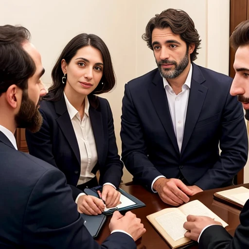 Group of Asmonean jewish men meeting with woman jew . focus on faces.