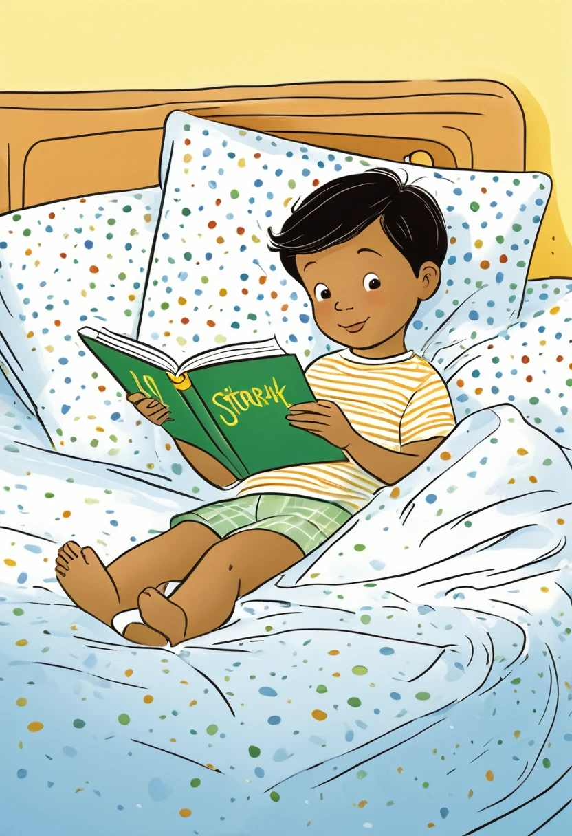 Cartoon version of child lying on bed reading storybook