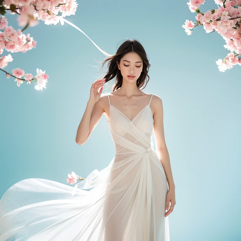 Light jade tone,simple white background, lighting effect, minimalist, elegant, pure gentle, soft light, photorealistic. a women (collarbone, shoulders) posing (praying and standing) with The hyper-giant lotus with huge and long petals (petal made of a thin and soft tulle fabric, flowy petals fully background, floating petals, hyper-flying petals, smoke effect mix with petal), lotus dress