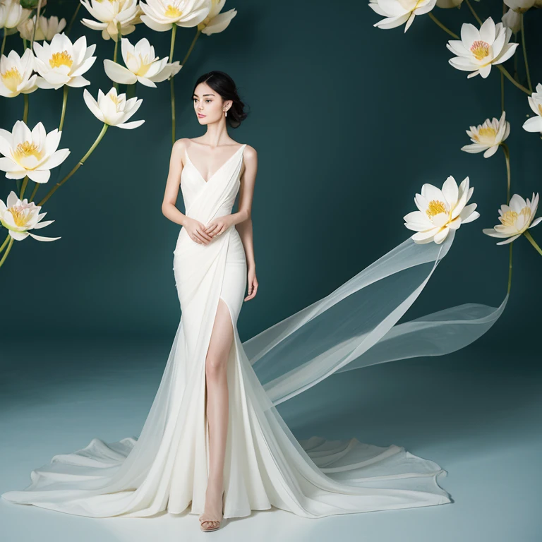 Light jade tone,simple white background, lighting effect, minimalist, elegant, pure gentle, soft light, photorealistic. a women (collarbone, shoulders) posing (praying and standing) with The hyper-giant lotus with huge and long petals (petal made of a thin and soft tulle fabric, flowy petals fully background, floating petals, hyper-flying petals, smoke effect mix with petal), lotus dress
