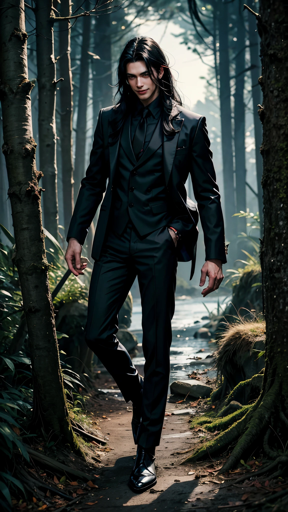 man with long black hair, red eyes, Black Suit, Black clothes, elegant, black boots, very handsome, handsome man, at night, forest, smile