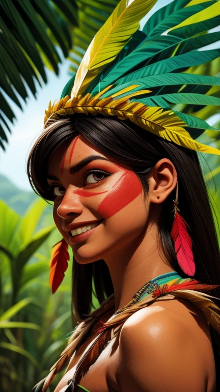 Arte em quadrinhos, pintura digital. (((imagem solo))),beautiful native indian girl with feathers and feathers on her head, rosto lindo, shy smile,olhando para o observador,Amazonian indigenous peoples in Brazil, linda jovem feminina brasileira nativa, pintar o rosto, corpo quente, Yanomami Indian in typical costumes,alta qualidade. Amazon rainforest and river bottom. cores vivas, cinematic lighting. detalhado, intricado, detalhado face.