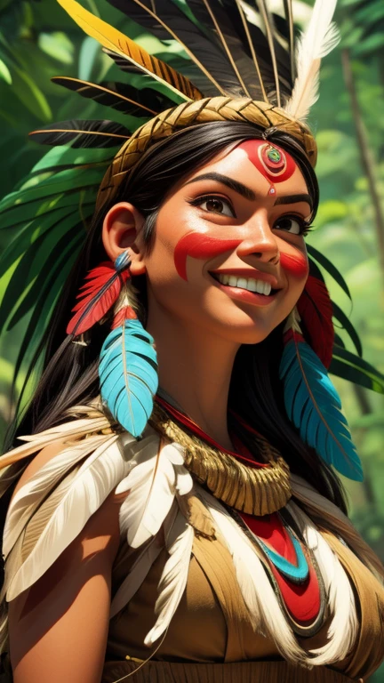 Arte em quadrinhos, pintura digital. (((imagem solo))),beautiful native indian girl with feathers and feathers on her head, rosto lindo, shy smile,olhando para o observador,Amazonian indigenous peoples in Brazil, linda jovem feminina brasileira nativa, pintar o rosto, corpo quente, Yanomami Indian in typical costumes,alta qualidade. Amazon rainforest and river bottom. cores vivas, cinematic lighting. detalhado, intricado, detalhado face.