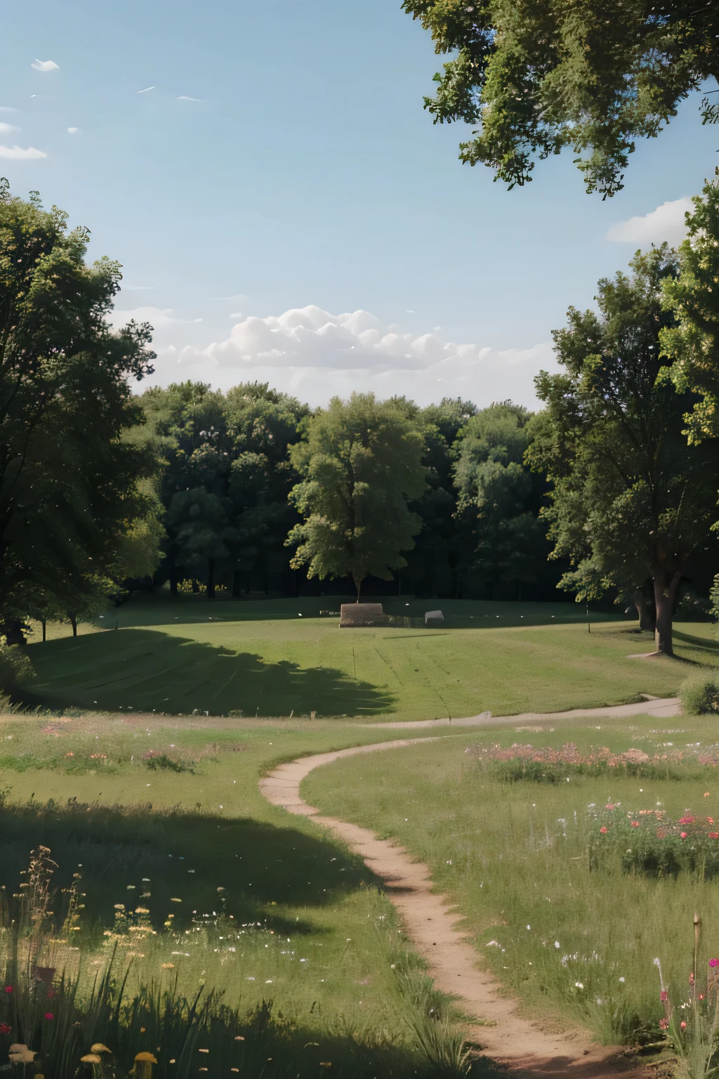 A beautiful plain, planted with flowers and trees in a medieval style. Realistic