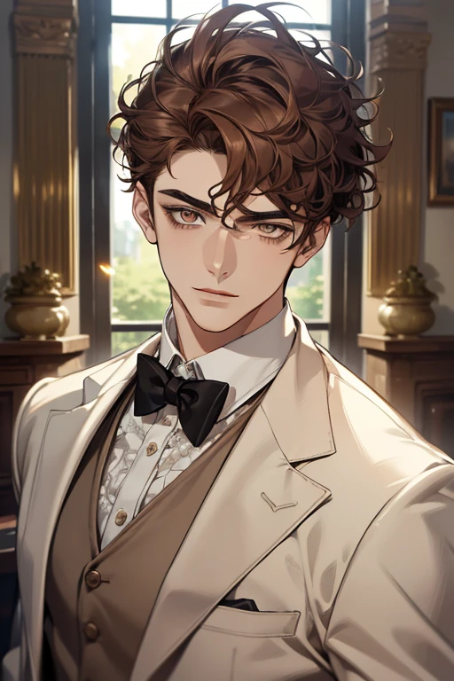 masterpiece, best quality, realistic, 1man, mature male, quiet and charming young man, 28 years old, adorable, closed mouth, portrait, extremely detailed face, soft smile, ((dark amber eyes)), ((short-sides-swept curly light brown hair)), [thick eyebrows], living-room, ((white suit))