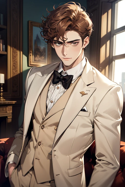masterpiece, best quality, realistic, 1man, mature male, quiet and charming young man, 28 years old, adorable, closed mouth, portrait, extremely detailed face, soft smile, ((dark amber eyes)), ((short-sides-swept curly light brown hair)), [thick eyebrows], living-room, ((white suit))