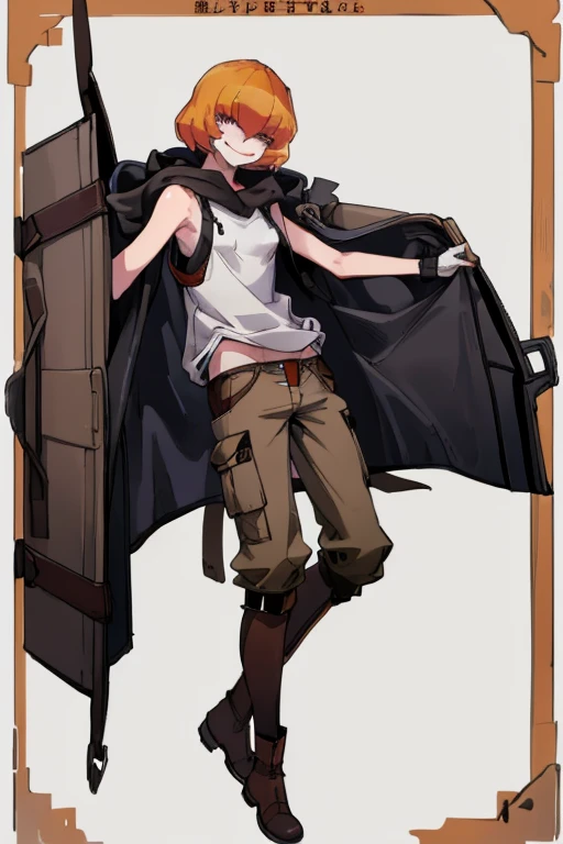 ((highest quality)), ((masterpiece)), (be familiar with),Clementine,Overload,{{nsfw}},Sleeveless hoodie,cargo pants,Bewitching Smile,whole body,boots,Long coat,Trunk Case