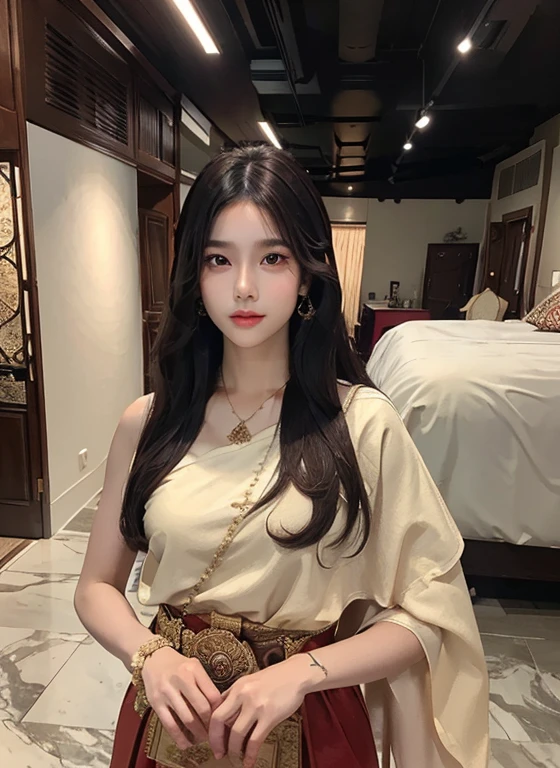1 woman, Big dark brown eyes with gleaming transparency.、Ancient red Thai dress (ceiling:1.1) ,Bangs that extend to the front of the face、Completely beautiful girl at the age of 18 years、White skin, beautiful, glowing, youthful、Sexy and very good looking.、The face is very cute with perfect beauty.、very long black hair、My hair is long, straight and very sleek.、Double eyelids、eye line、big breasts
