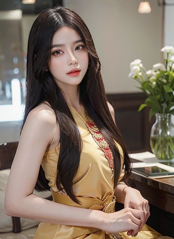 1 woman, Big dark brown eyes with gleaming transparency.、Ancient red Thai dress (ceiling:1.1) ,Bangs that extend to the front of the face、Completely beautiful girl at the age of 18 years、White skin, beautiful, glowing, youthful、Sexy and very good looking.、The face is very cute with perfect beauty.、very long black hair、My hair is long, straight and very sleek.、Double eyelids、eye line、big breasts

