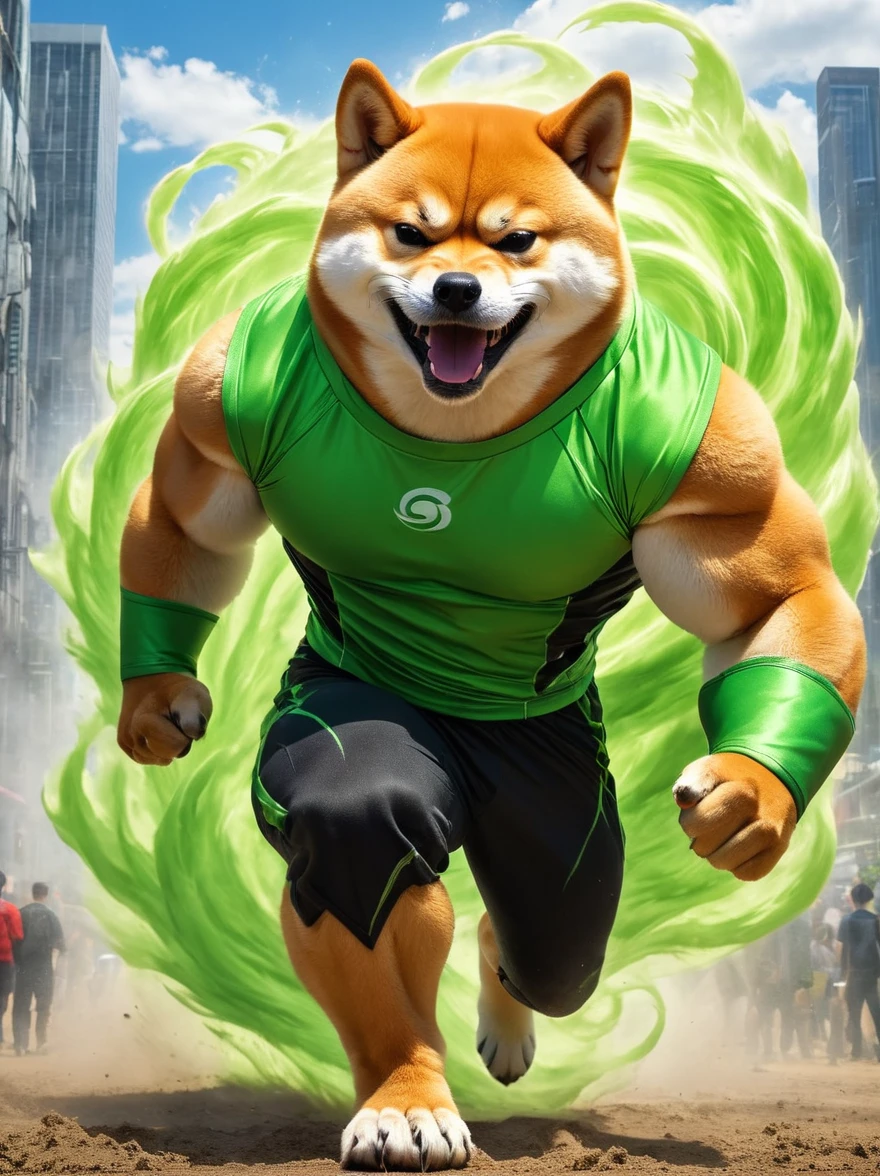 A dark green colored mascot, with the background of a race and a gold medal.
