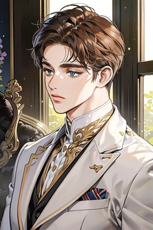 masterpiece, best quality, realistic, 1man, mature male, quiet and charming young man, 28 years old, adorable, closed mouth, portrait, extremely detailed face, soft smile, ((dark amber eyes)), ((short-sides-swept curly light brown hair)), [thick eyebrows], living-room, ((white suit))
