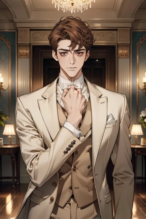 masterpiece, best quality, realistic, 1man, mature male, quiet and charming young man, 28 years old, adorable, closed mouth, portrait, extremely detailed face, soft smile, ((dark amber eyes)), ((short-sides-swept curly light brown hair)), [thick eyebrows], living-room, ((white suit))