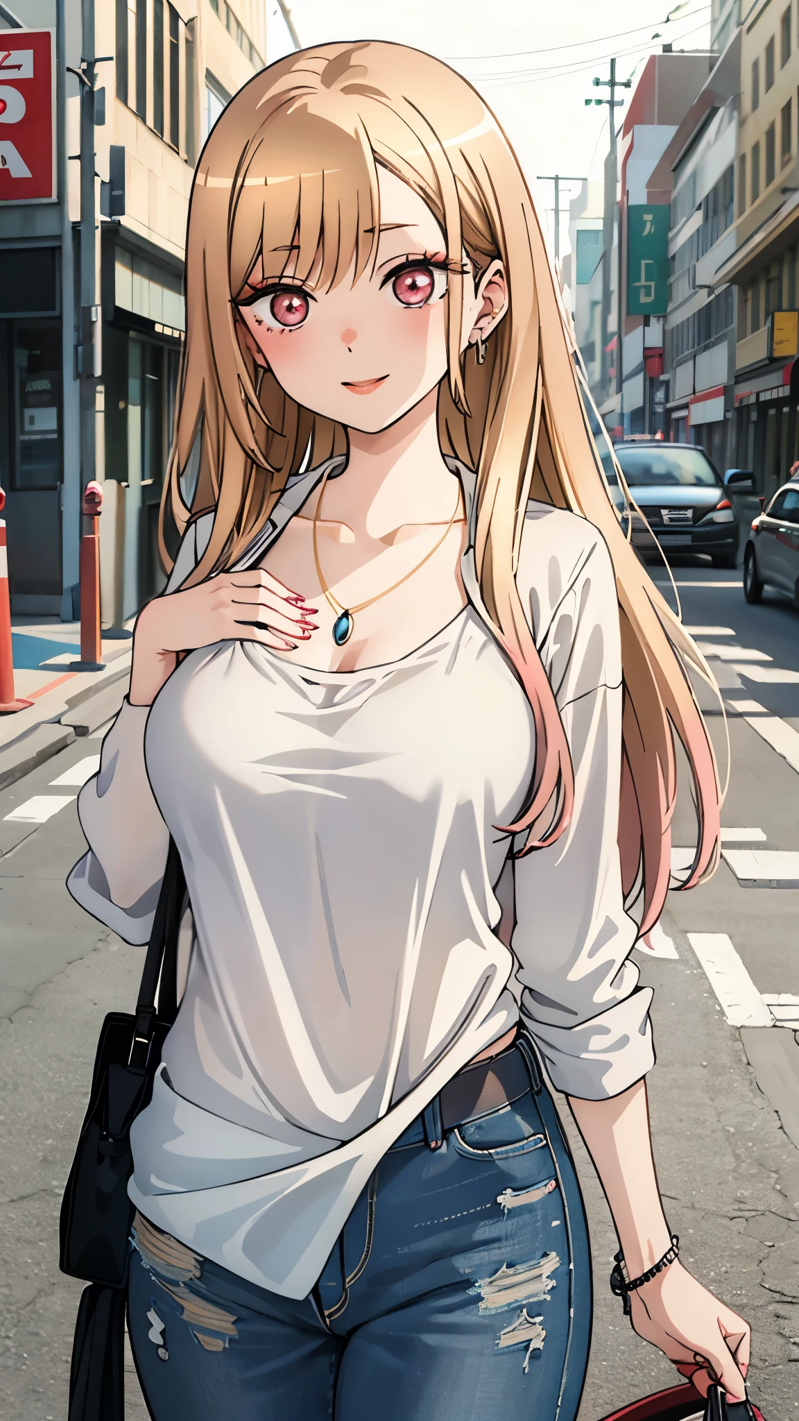 Urban beautiful girl college , masterpiece, light makeup, Red lips, Disheveled long hair, Street background, beautiful, elegant. Extremely fine detail, Master Works, Authentic texture, Realism in film lighting, Perfect job, 16k, High resolution, exquisite features,beautiful顔、Cute Smile、beautiful hair、glamorous、 Big Breasts、Wearing a bra top, Bright big eyes, Smooth skin, Earrings, necklace,Kitagawa Marin