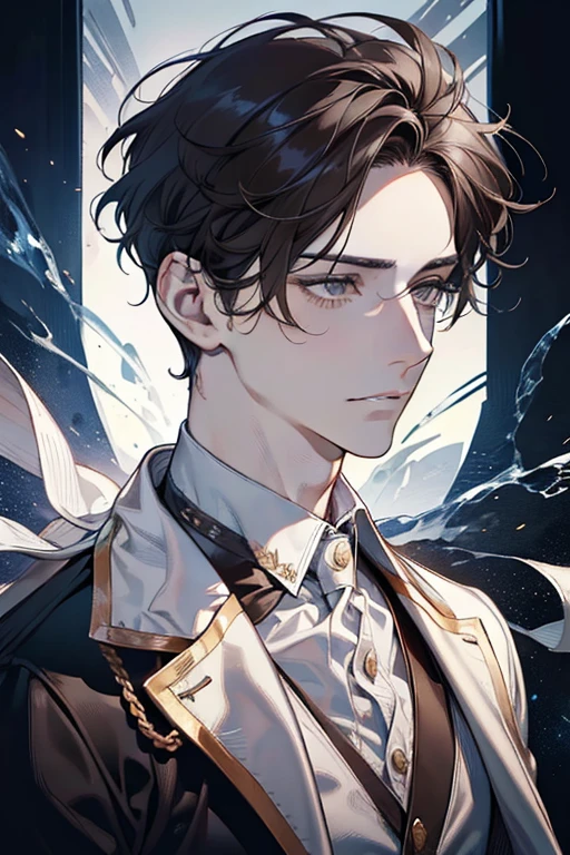 masterpiece, best quality, realistic, 1man, mature male, quiet and charming young man, 28 years old, adorable, closed mouth, portrait, extremely detailed face, soft smile, ((dark amber eyes)), ((short-sides-swept curly light brown hair)), [thick eyebrows], living-room, ((white suit))