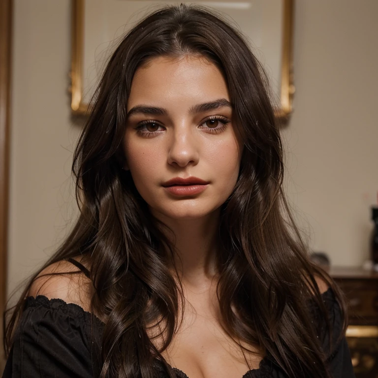 Portrait d'une belle femme, similaire à Emily Ratajkowski (19 ans), a little chubby, dark brown hair, long wavy hair, serious face, très mince, maquillage, red lipstick,good facial lighting, meilleure qualité pour une photo de profil Instagram