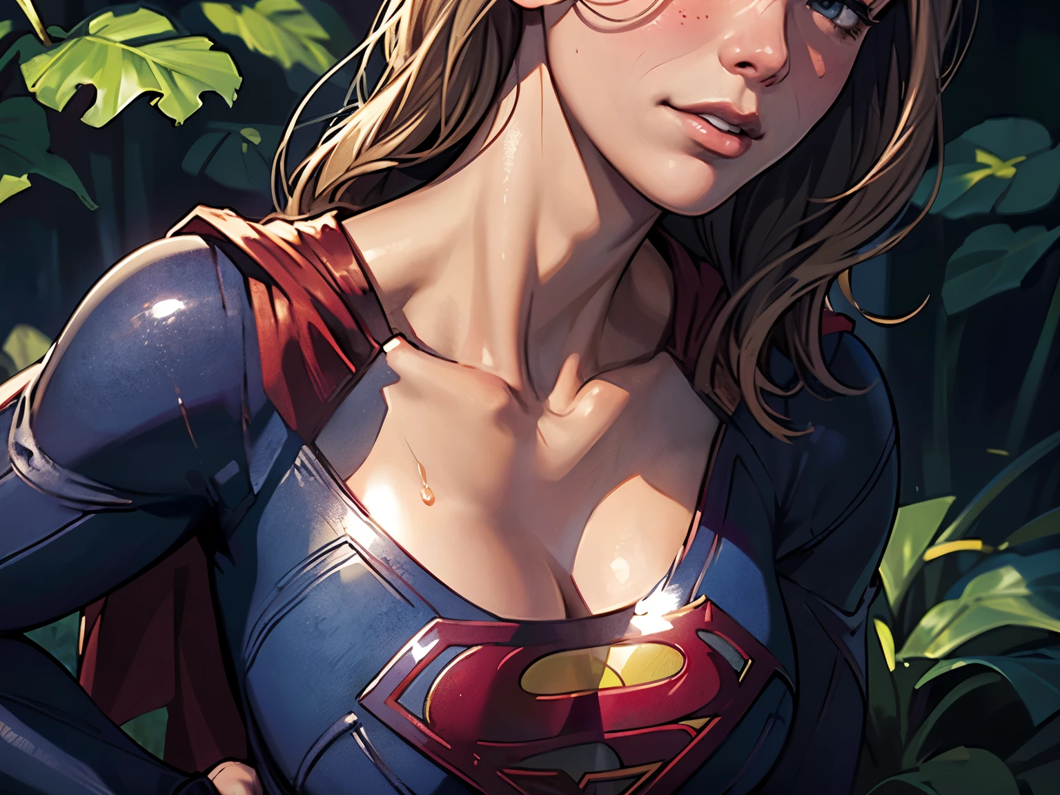 ((highest quality)), ((masterpiece)), (be familiar with), (High definition), (Realistic), (Realistic), (Best Shadow), Low contrast, (Complex:1.4), Side lighting, 8K, ((melissa Benoist)), ((SUPER GIRL)), Perfect Face、Detailed、(Accurate hand and finger depiction)、Supergirl Women、Blonde、Voluptuous body、((Large Breasts))、(Cleavage)、Narrow waist、(Big Ass)、Alluring、glamorous、((Putting a hand to your mouth))、((Eyes are distracted))、(Shame:1.2)、(Embarrassed expression:1.5)、Flushing、sweating、On the grass、in the deep forest、blue sky、(Close-up of face:1.8)