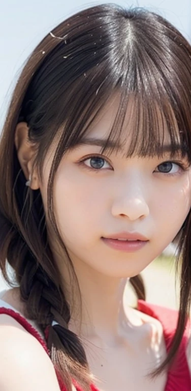 Masterpiece、highest quality、8K,Ultra-high resolution、RAW Photos、UHD、日本people、beautiful girl、1people、woman, (Flower Hair Ornaments,Braided top knot,Twisted Side Part Ponytail Braided Headband,Half Up、Braided Space Van,Voluminous fishtail braid,Twisted pan),(Asymmetrical bangs)、 (Ultra Realistic),round face、 Fine and beautiful eyes, Lifted eyes、Big eyes、(Blue right eye:1.4)、(Red left eye:1.4)、double eyelid、Thin eyebrows、Red around the eyes、Dolly Makeup、Thin lips, Pastel colored tight blouse、Knitted micro mini skirt, A kind smile, (Realistic, photo-Realistic:1.37), Professional photography, Cinematic Light, (Very beautiful face: 1.2),Very large breasts、Cleavage、Voluptuous thighs、Pictured from head to knee