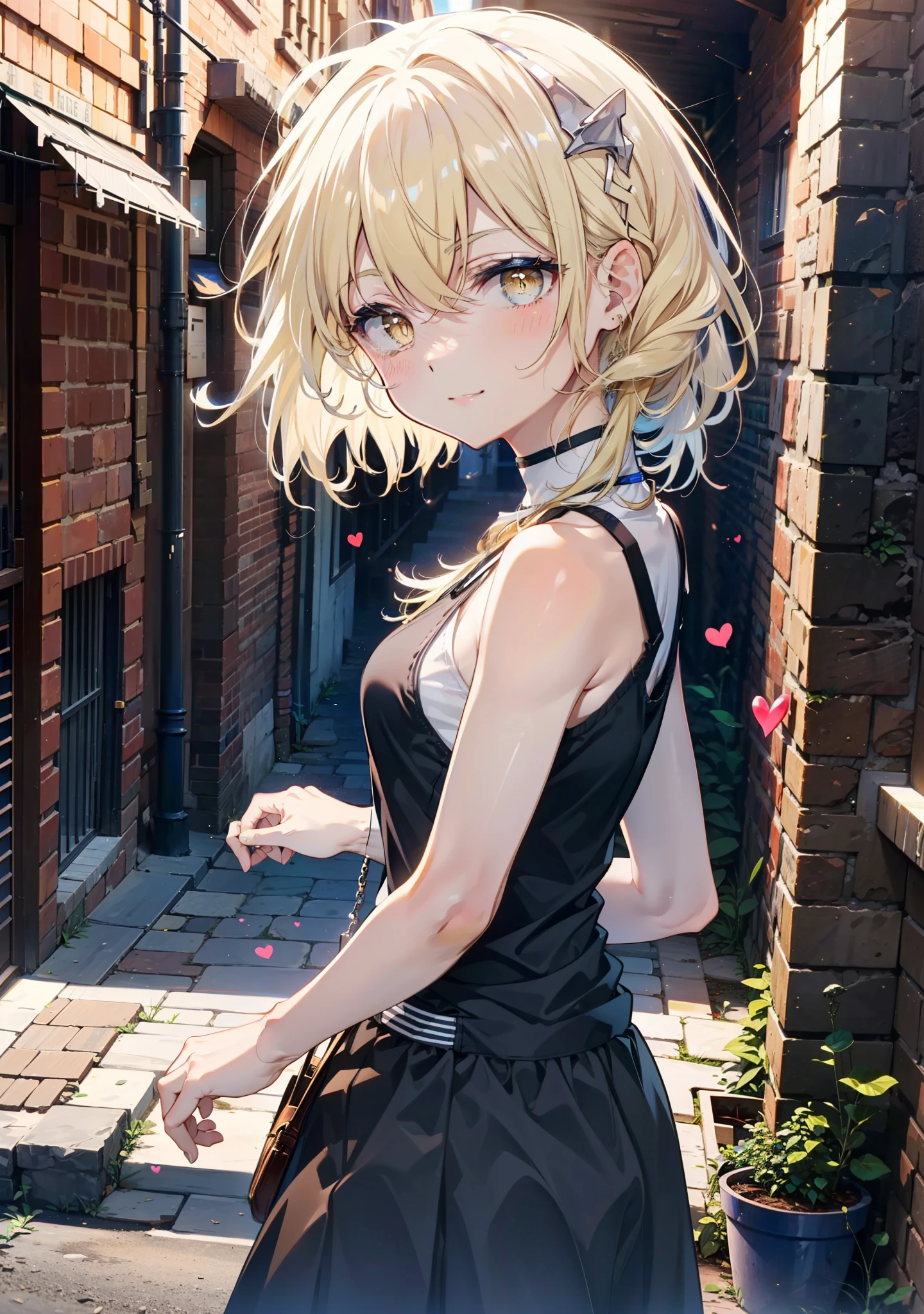 アイスWallenstein, Wallenstein, blonde, Hair between the eyes, hair band, Long Hair, (Yellow Eyes:1.5),happy smile, smile, Close your mouth,smile,blush,Long vest,Tank top shirt,Heart Pendant,Long skirt,Cute Sandals,Clear skies,歩いてるbreak looking at viewer,(Cowboy Shot:1. 5) break outdoors,Building district,In town, break (masterpiece:1.2), highest quality, High resolution, unity 8k wallpaper, (shape:0.8), (Beautiful and beautiful eyes:1.6), Highly detailed face, Perfect lighting, Highly detailed CG, (Perfect hands, Perfect Anatomy),