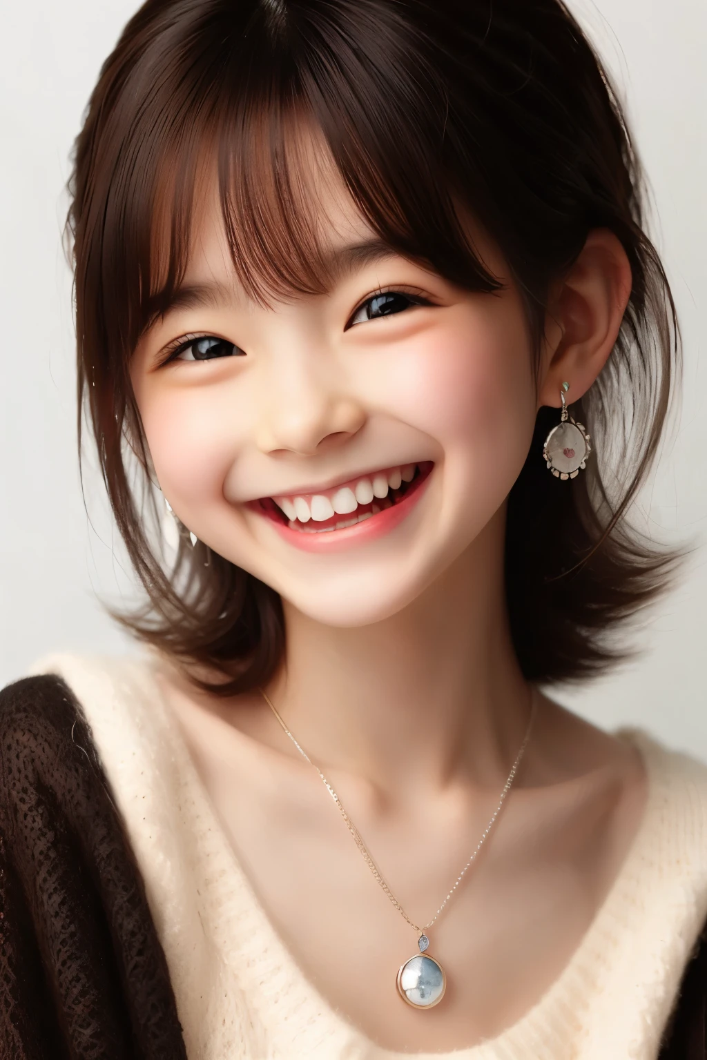 Masterpiece, Top Quality, (Dark Photo: 1.3), Photorealistic, Yuguo, Hanaran, Hanaran, 1 Girl, smiling face, earrings, necklace