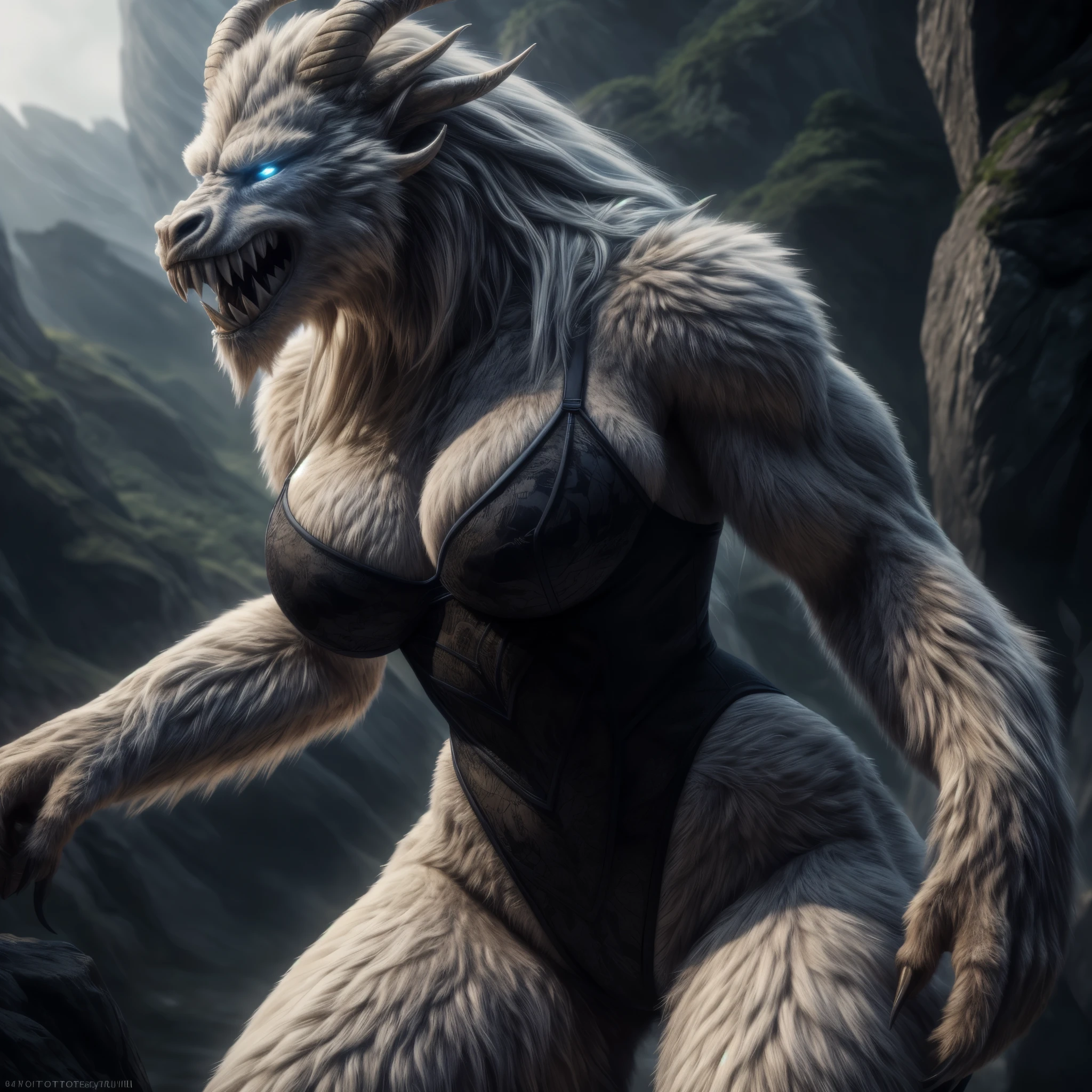 There is one adult character on this picture. The character is an athletic female grey wolf, grey fur, athletic character, athletic, yellow eyes, barefoot, digitigrade, paws, black pawpads, wolf hands, wolf tail, topless, female bare chested, bare chest female, black nipples, black areolas, the character is wearing only a loincloth with a few tribal jewels, loincloth, visible black vagina behind the loincloth, black vagina, visible black pussy behind the loincloth, black pussy, nsfw. The scene takes place on a pine trees forest. Pine trees forest on the background. Cloudy sky. fog. Camera low-angle. Camera low angle. Low-angle. Low angle.