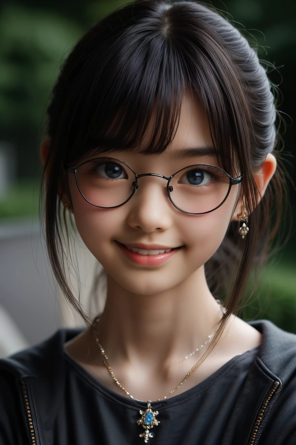 Masterpiece, Top Quality, (Dark Photo: 1.3), Photorealistic, Yuguo, Hanaran, Hanaran, 1 Girl, smiling face, earrings, necklace