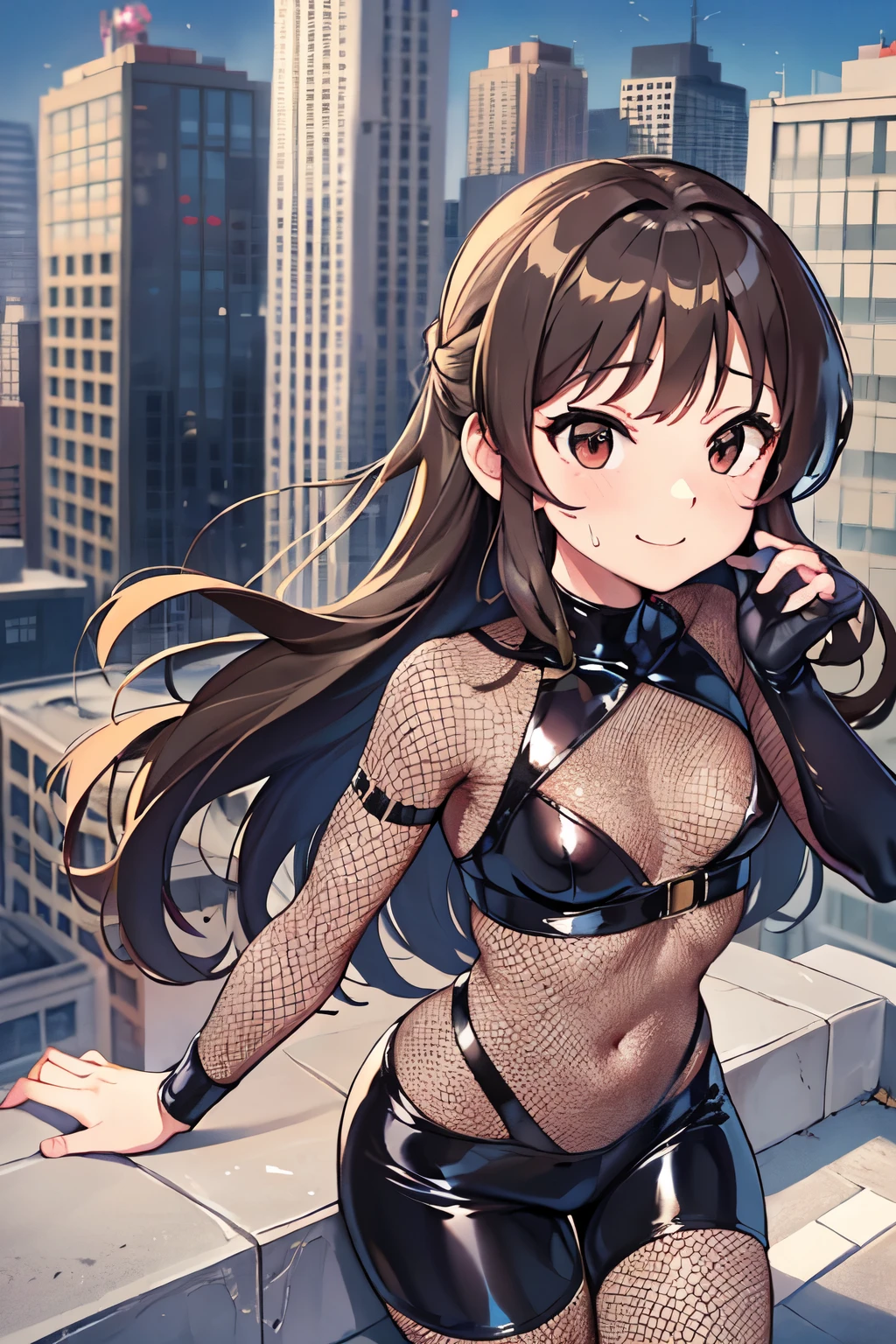 、child、Long Hair、Small bs、Small breasts、child体型、Nipples、Embarrassed、ace、smile、Sweat on the cheeks、((spy、Bodysuits、Fishnet tights))、City of night、Rooftop、Battle pose、8 year old 、Realistic body