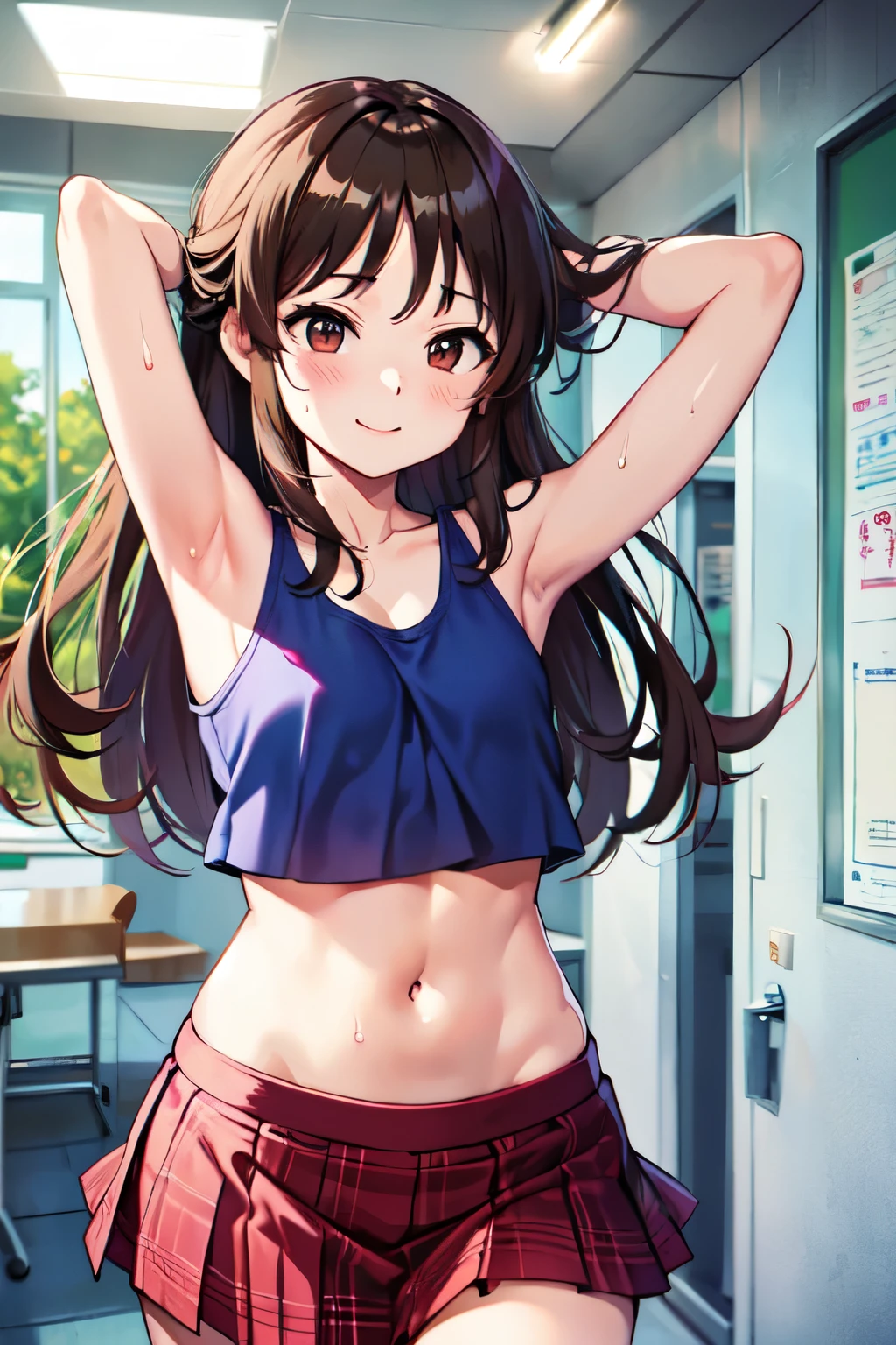 、、Long Hair、Small breasts、Small breasts、Embarrassed、Red face、smile、Sweat on the cheekini skirt、Tank top))、Day School、Walking the hallway、Place your hands behind your head、Show your side、Realistic armpits