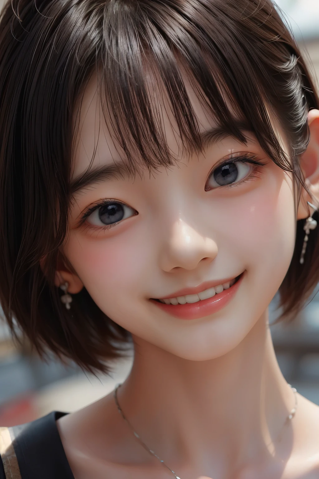 Masterpiece, Top Quality, (Dark Photo: 1.3), Photorealistic, Yuguo, Hanaran, Hanaran, 1 Girl, smiling face, earrings, necklace