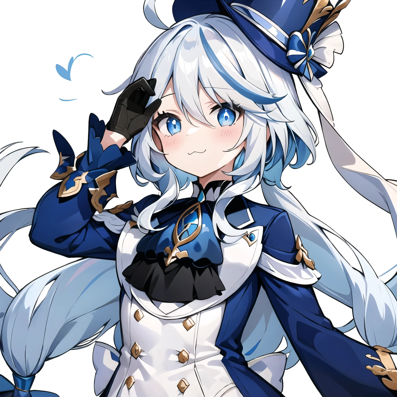 furina, 1girl, solo, long hair, looking at viewer, blush, blue eyes, simple background, gloves, long sleeves, hat, white background, jewelry, :3, blue hair, jacket, upper body, ahoge, white hair, heart, streaked hair, symbol-shaped pupils, blue jacket, brooch, blue headwear, top hat