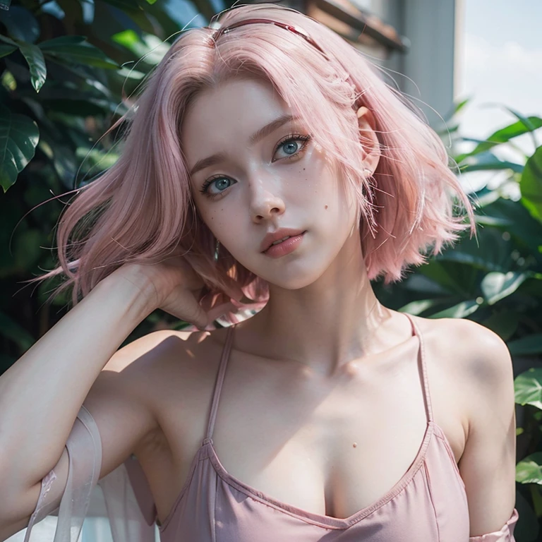 young woman, short shoulder-length pink hair, wide forehead, porcelain skin, pink eyebrows, big emerald green eyes, buttoned nose, full lips, heart-shaped face, slender body, small breasts, red tank top, Sakura Haruno , realistic, realism, details, 3d, well detailed

