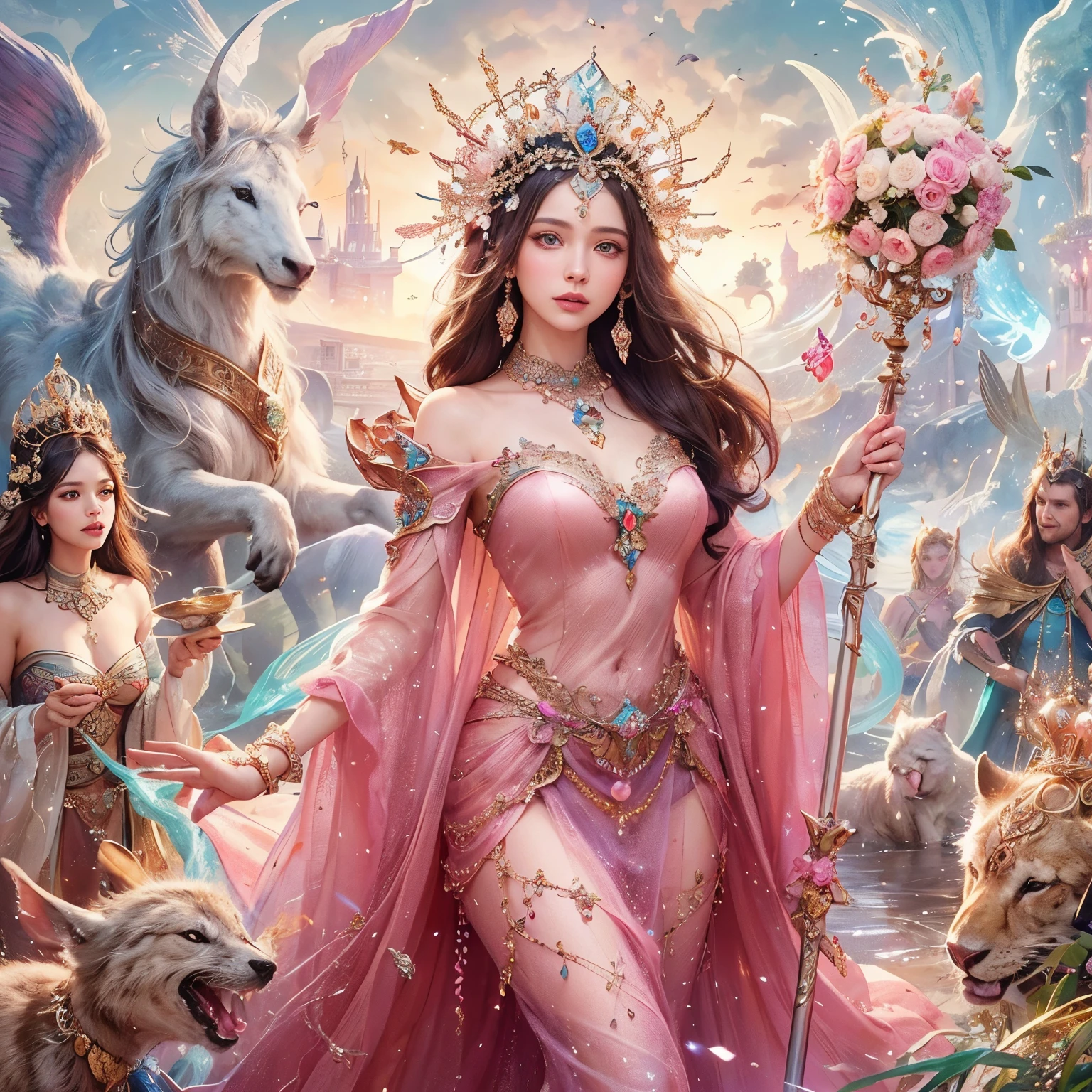 Woman in a pink dress holding a walking stick surrounded by animals, Beautiful Fantasy Empress, ((Beautiful Fantasy Empress)), goddess. Extremely high detail, earth goddess mythology, gorgeous goddess of leo, Beautiful fantasy art, very Beautiful fantasy art, goddess art, goddess of love and peace, Beautiful Animals Queen of Pearls, beautiful goddess, celestial goddess, Amazing fantasy art, masterpiece, highest quality:1.2),,(8k,High resolution,RAW Photos,Realistic,photo-Realistic:1.3),(Detailed skin texture,Detailed cloth texture,Beautifully detailed face:1.25),Professional Lighting,Photon Mapping,Beautiful soft light,Radio City,Physically Based Rendering,Ray Tracing, Model shooting style, Model shooting style, (Highly detailed CG Unity 8k wallpaper), Full body photos of the most beautiful works of art in the world
