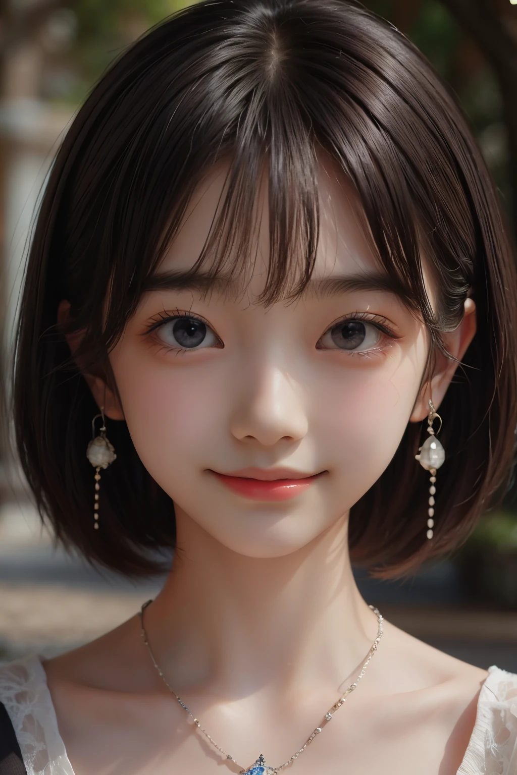 Masterpiece, Top Quality, (Dark Photo: 1.3), Photorealistic, Yuguo, Hanaran, Hanaran, 1 Girl, smiling face, earrings, necklace