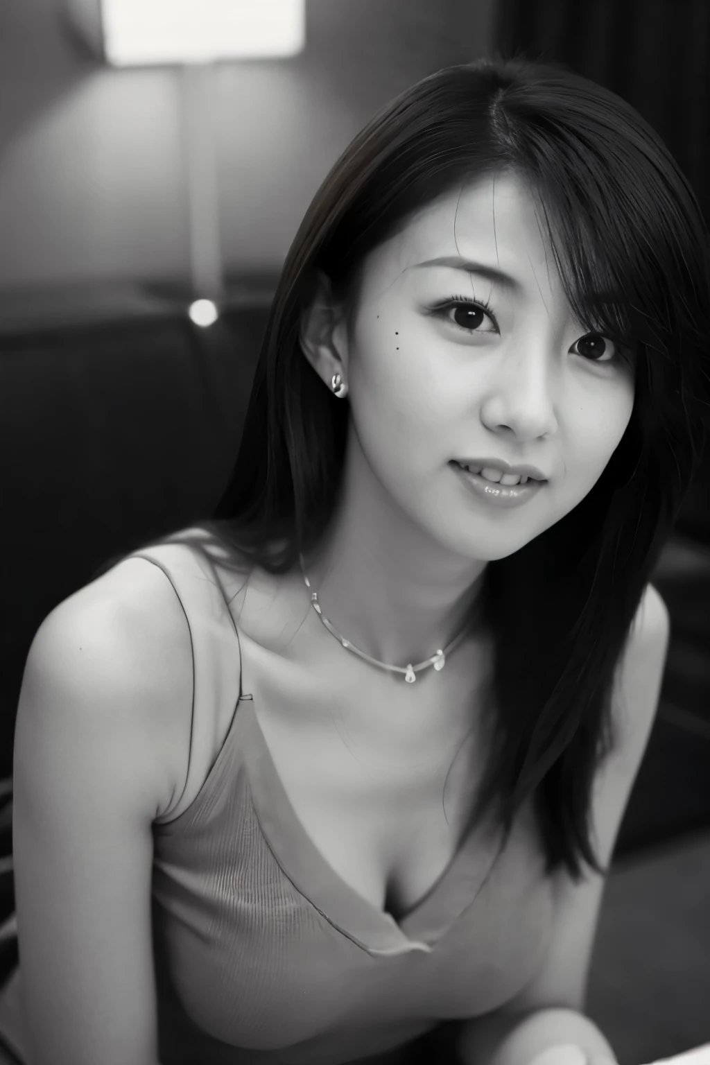 masterpiece, highest quality, Photoreal, Super detailed, High resolution, 8K wallpaper, ((monochrome photography)), 1 girl, Skinny Japanese woman, (((facing the front))), ((Only the lips are in red)), (monochrome photography), brown hair, detailed clavicle, perfect face, straight hair, ((look straight at the camera))