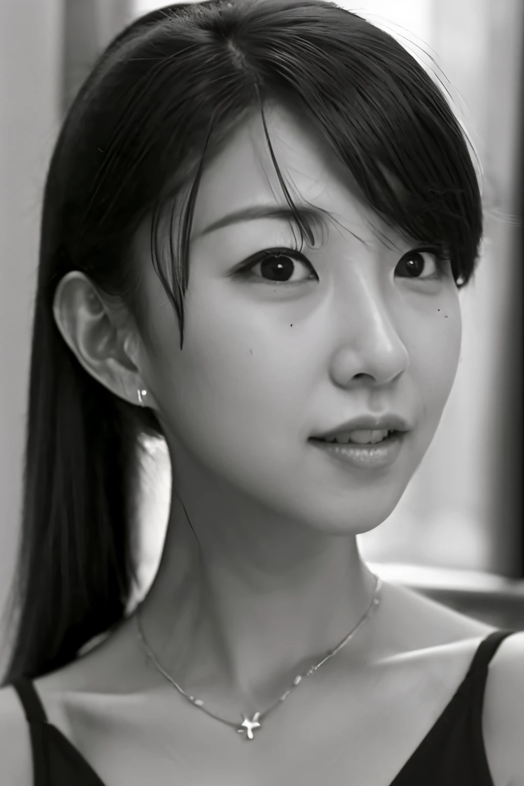 masterpiece, highest quality, Photoreal, Super detailed, High resolution, 8K wallpaper, ((monochrome photography)), 1 girl, Skinny Japanese woman, (((facing the front))), ((Only the lips are in red)), (monochrome photography), brown hair, detailed clavicle, perfect face, straight hair, ((look straight at the camera))